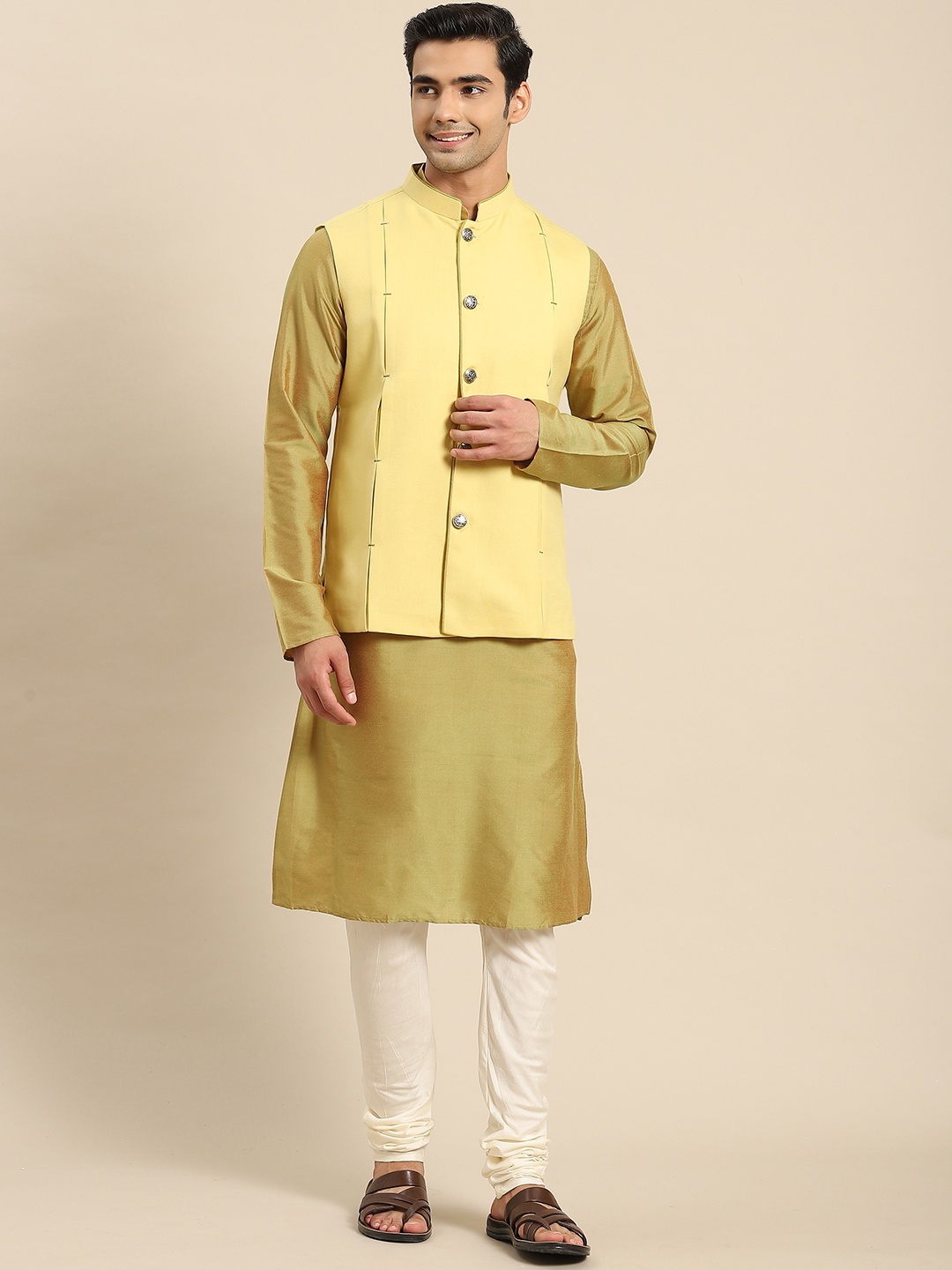 

KISAH Men Olive Green Kurta with Churidar & Nehru Jacket