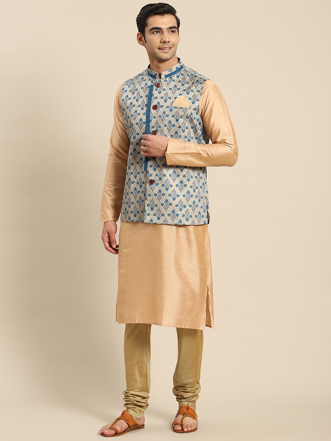 

KISAH Men Beige Kurta with Churidar & Nehru Jacket