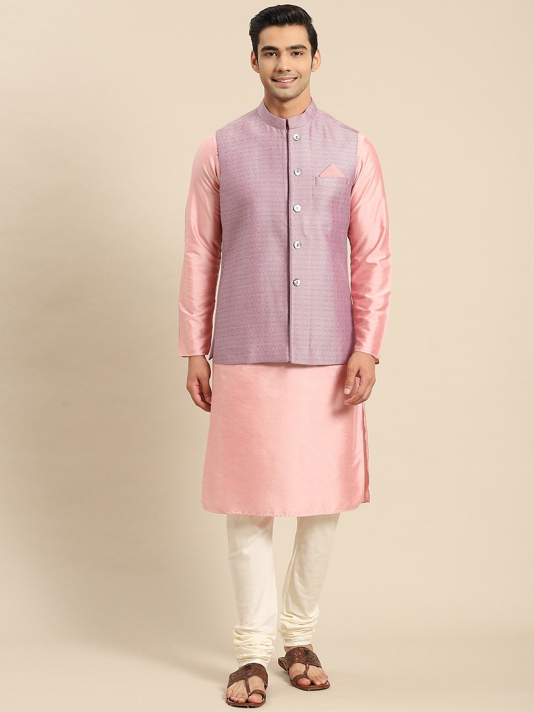 

KISAH Men Pink Kurta with Churidar & Nehru Jacket