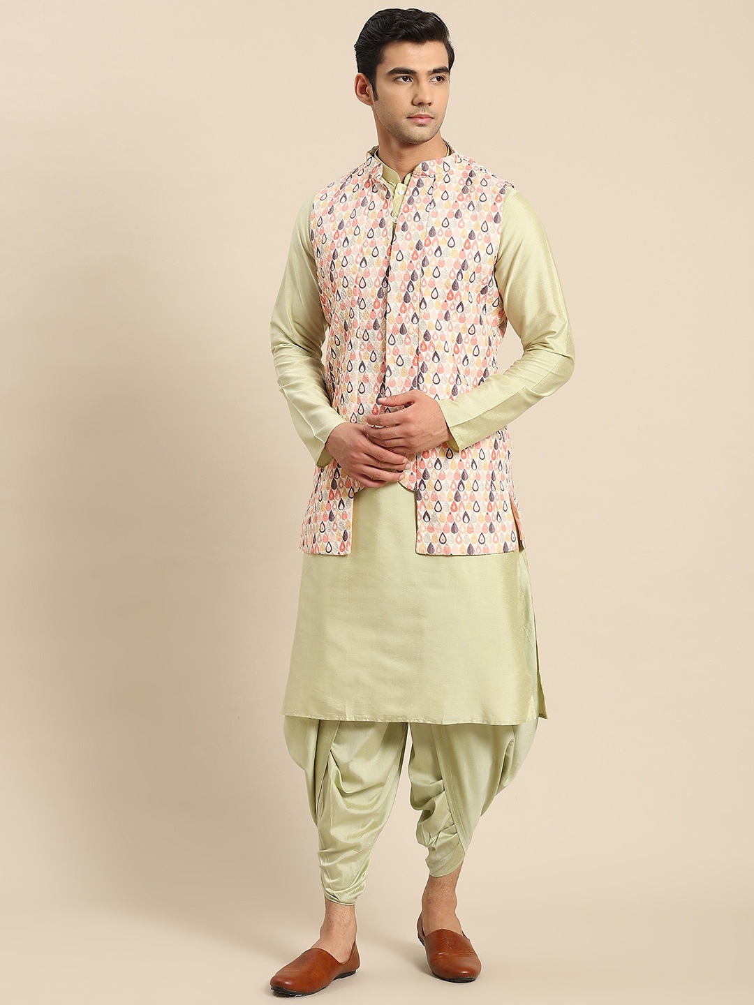 

KISAH Men Sea Green Kurta with Dhoti Pants & Nehru Jacket