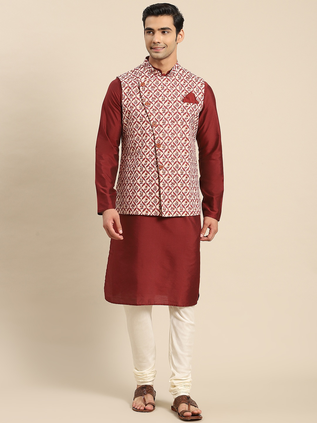 

KISAH Men Maroon Kurta with Churidar & Nehru Jacket