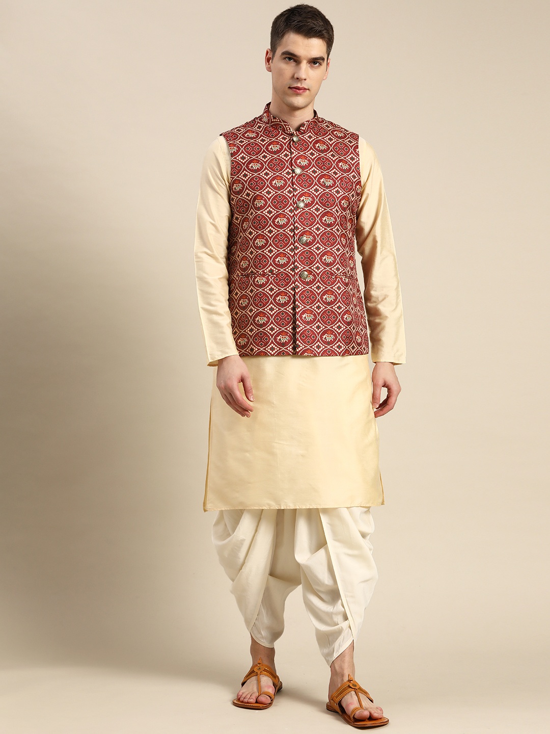 

KISAH Men Beige Kurta with Churidar & Nehru Jacket