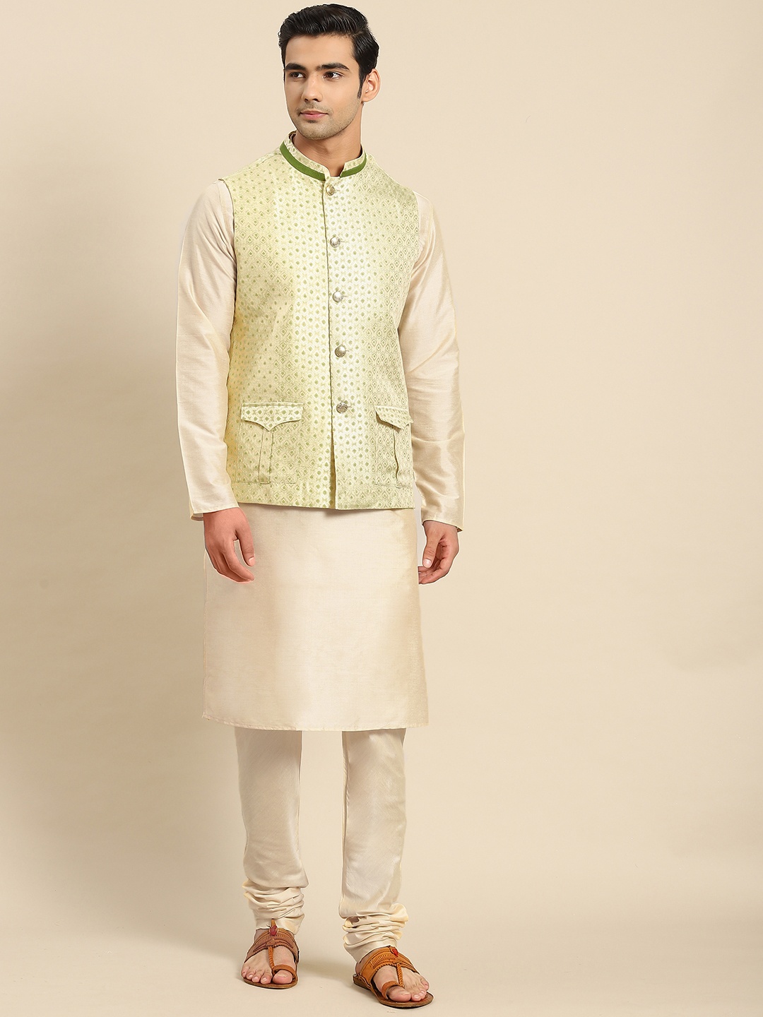 

KISAH Men Golden Kurta with Churidar & Nehru Jacket, Gold