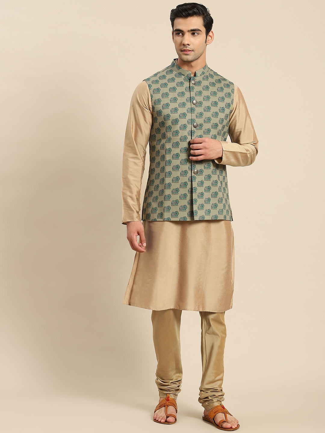 

KISAH Men Beige Ethnic Motifs Kurta with Churidar & Elephant Print Nehru Jacket Set