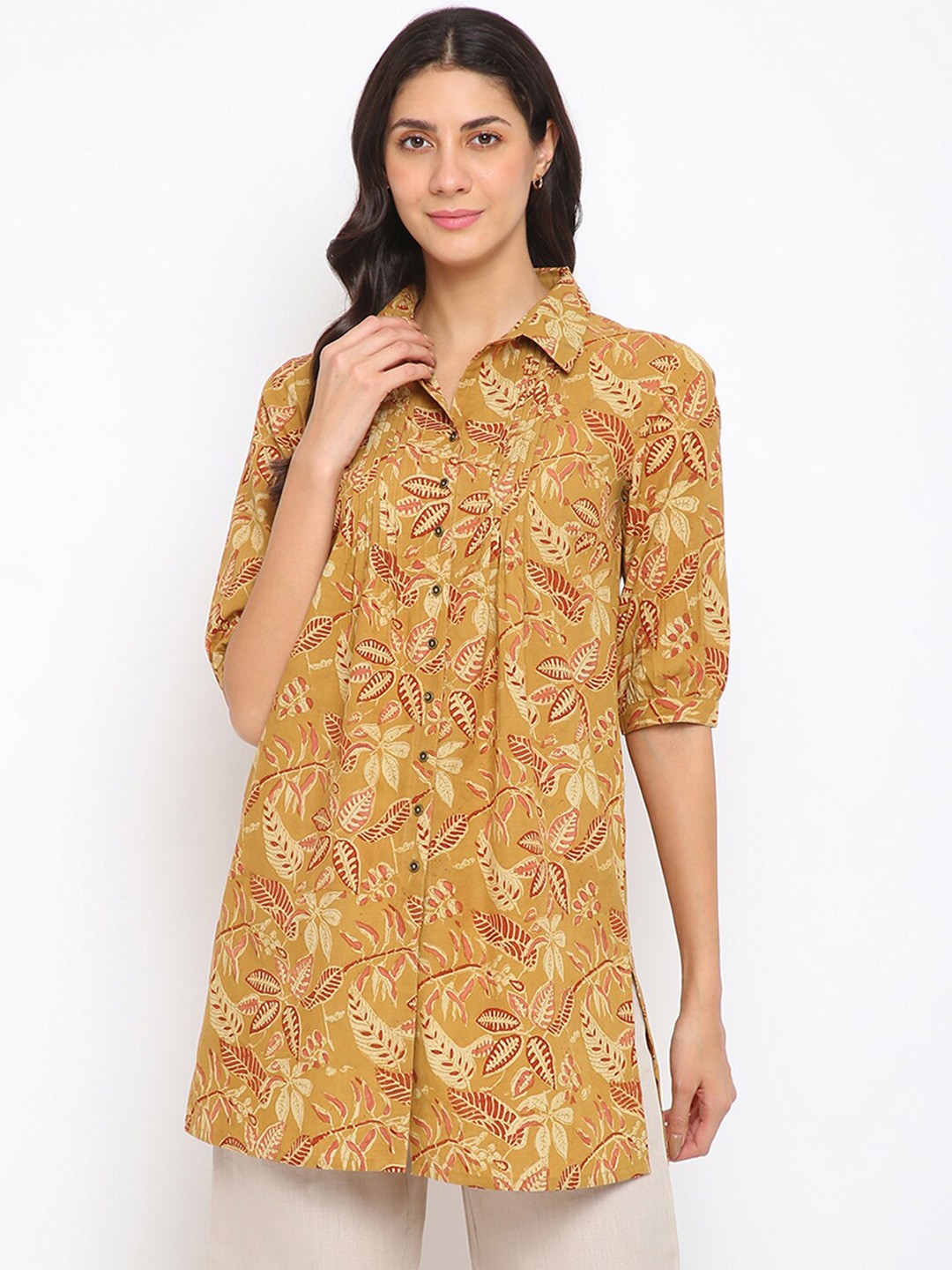 

Fabindia Mustard Shirt Collar Printed Tropical Tunic