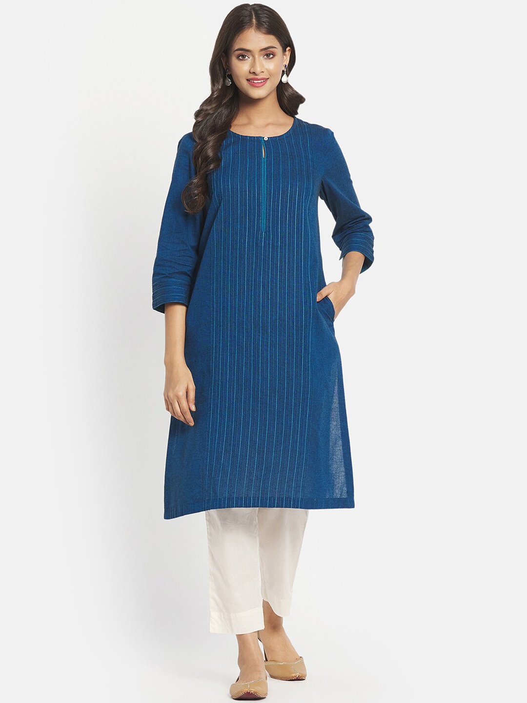 

Fabindia Women Blue Striped Keyhole Neck Thread Work Kurta