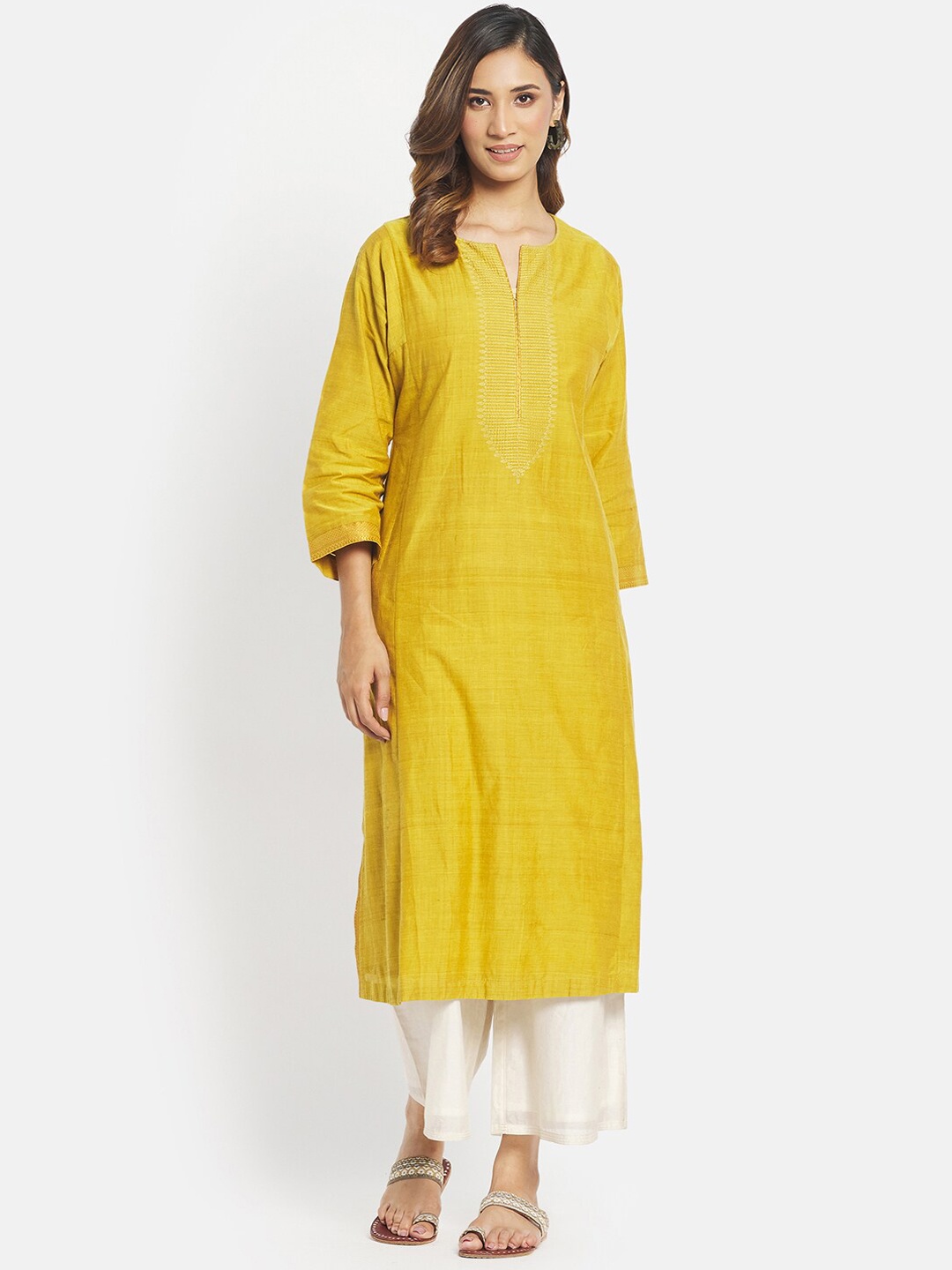 

Fabindia Women Mustard Yellow Yoke Design Thread Work Kurta
