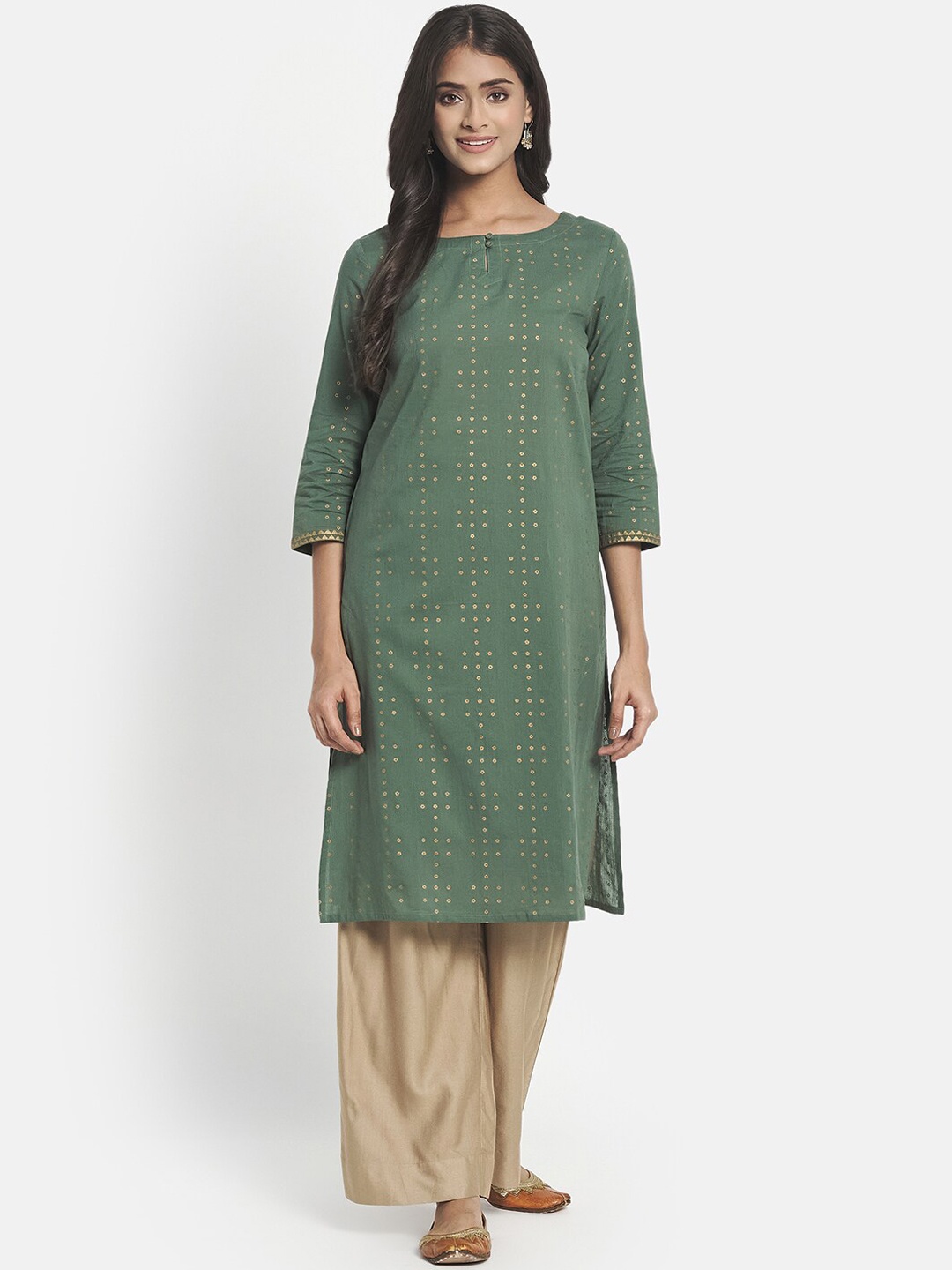 

Fabindia FabBasic Women Olive Green Geometric Printed Kurta