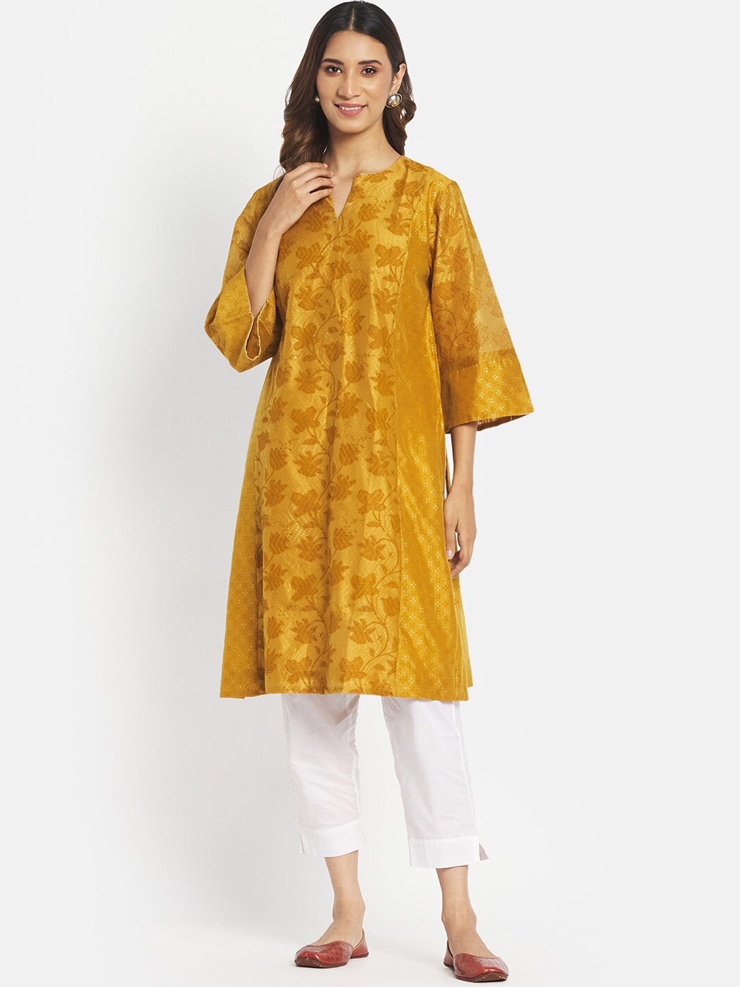 

Fabindia Women Mustard Yellow Floral Printed Kurta