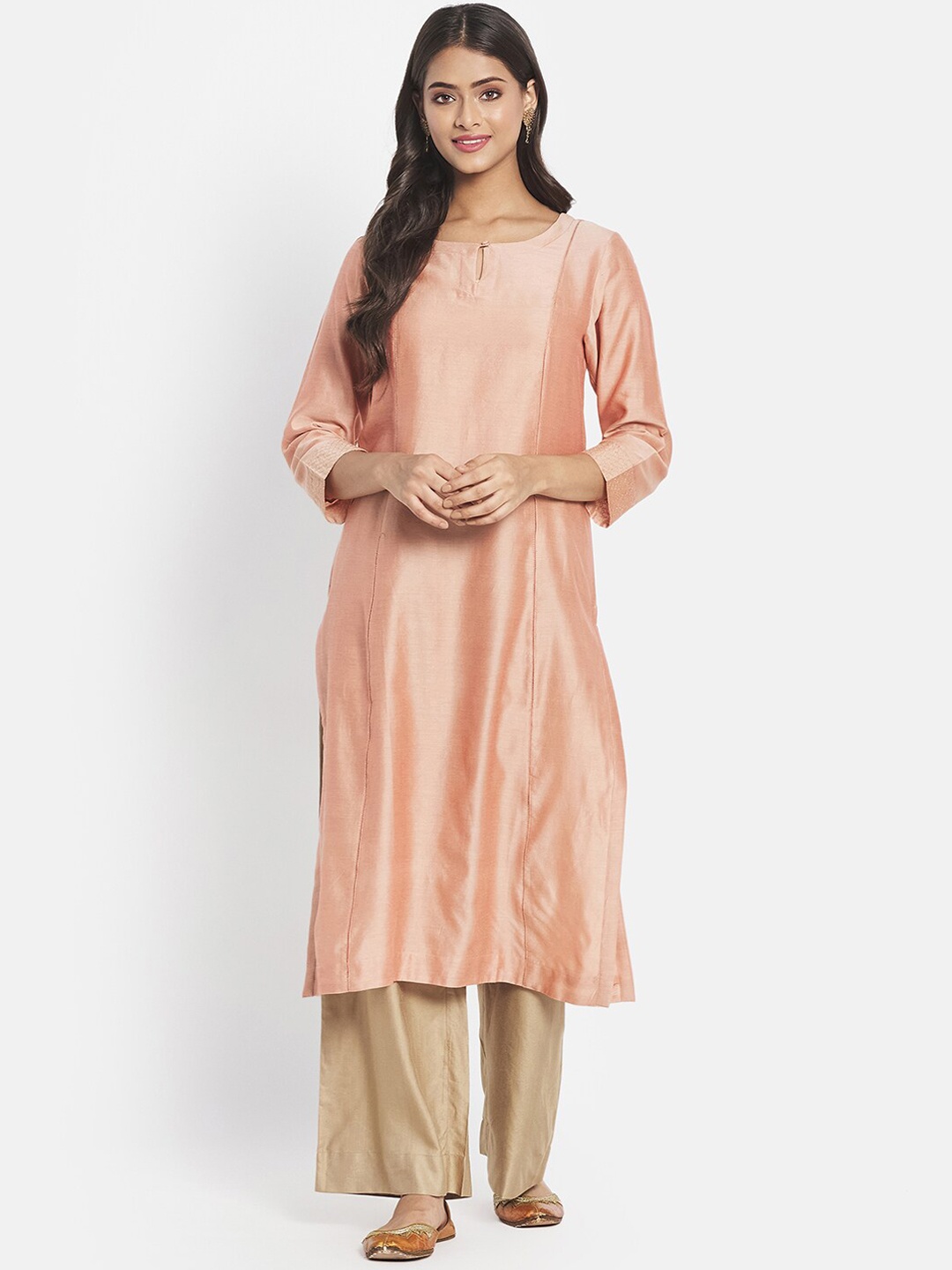 

Fabindia Women Peach-Coloured Solid Cotton Silk Panelled Kurta