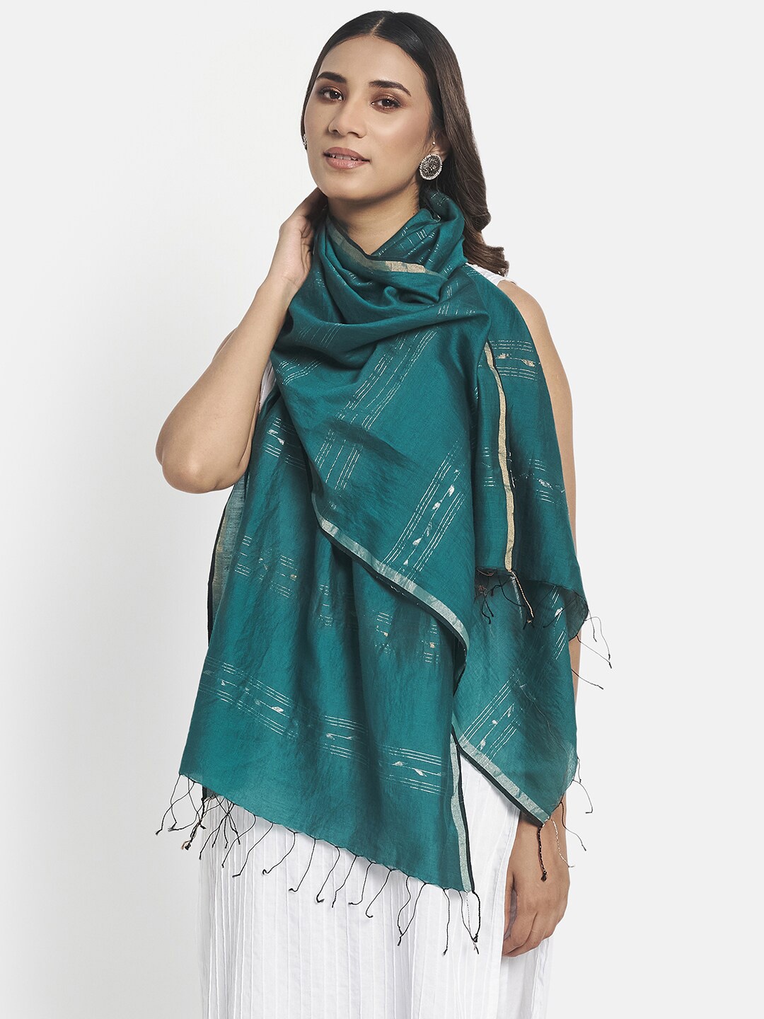 

Fabindia Women Green & Silver-Toned Striped Stole