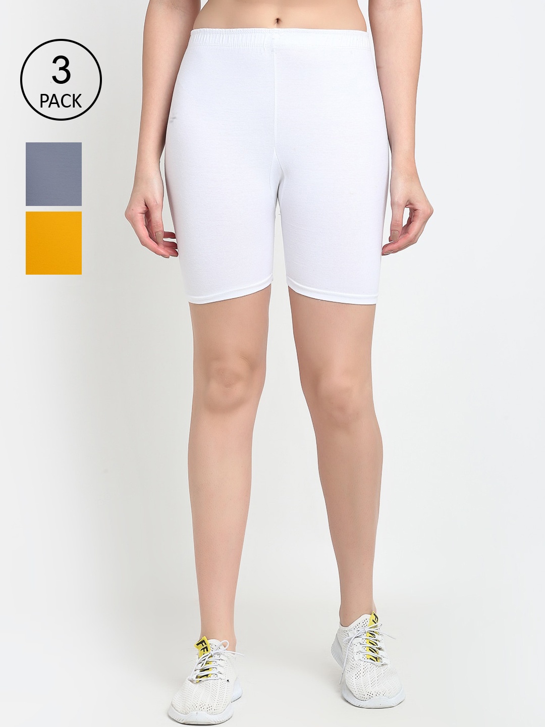 

GRACIT Women Pack of 3 White & Grey Super Combed Lycra Cycling Sports Shorts