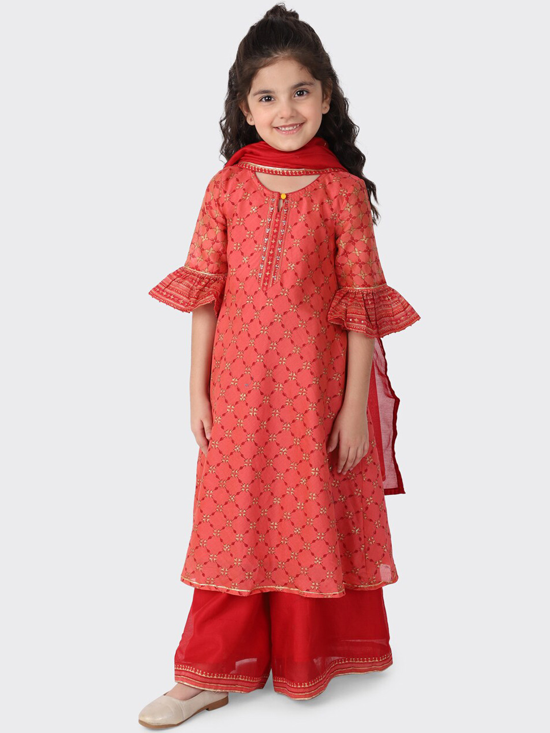 

Fabindia Girls Red Printed Kurta with Palazzos & With Dupatta