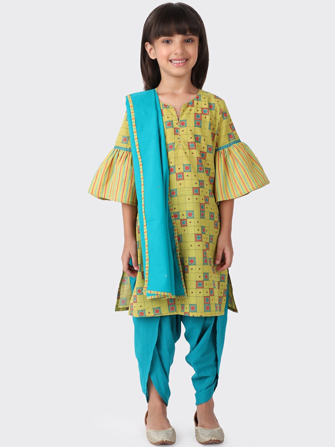 

Fabindia Girls Yellow Floral Printed Pure Cotton Kurta with Dhoti Pants & With Dupatta