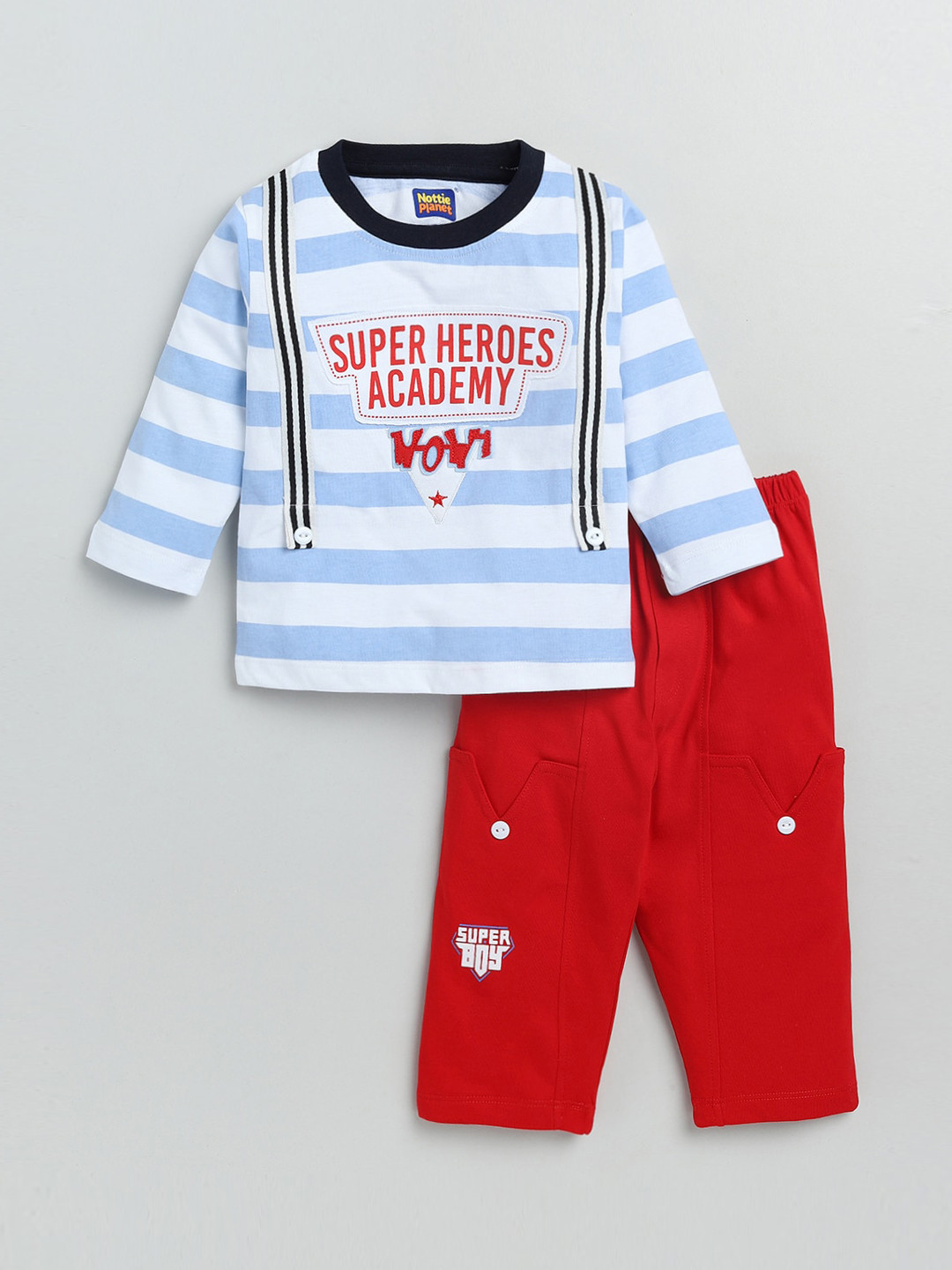 

Nottie Planet Boys Pure Cotton Blue & Red Striped T-shirt with Pyjamas