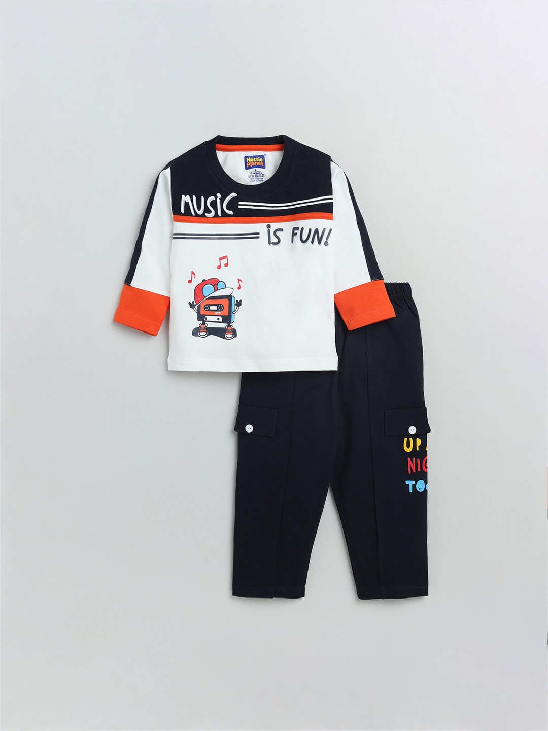 

Nottie Planet Boys Pure Cotton Navy Blue & White Printed T-shirt with Trousers
