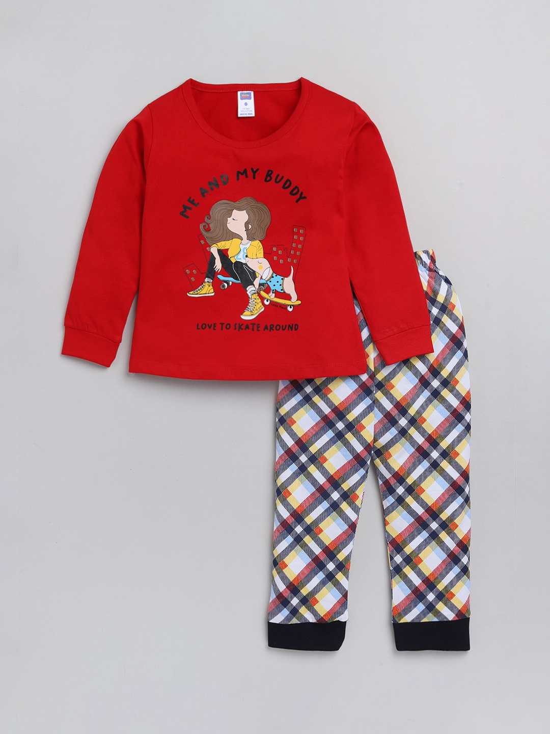 

Nottie Planet Girls Red & Blue Printed Pure Cotton T-shirt with Pyjamas