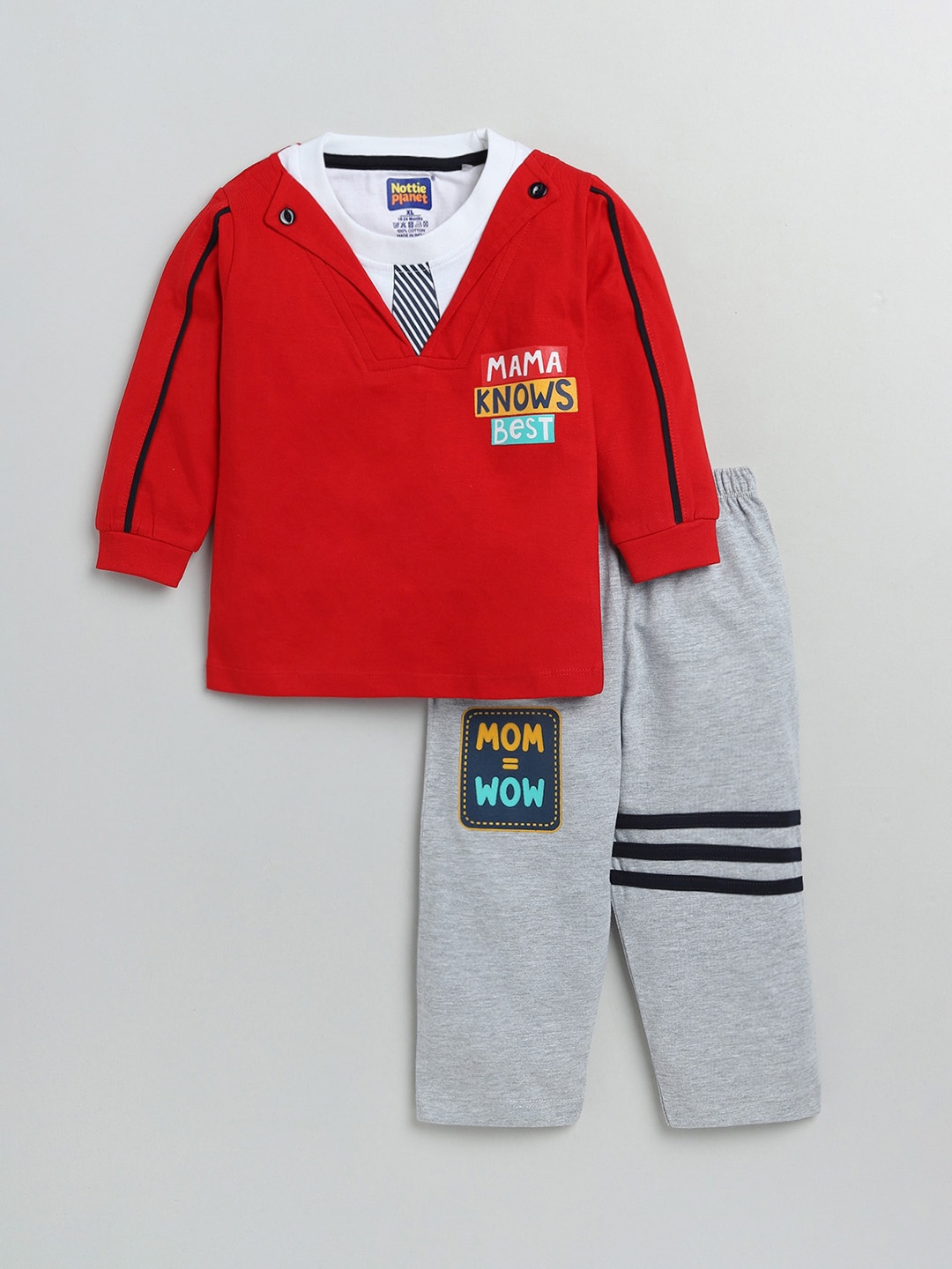 

Nottie Planet Boys Red & Grey Melange Printed Pure Cotton T-shirt with Pyjamas