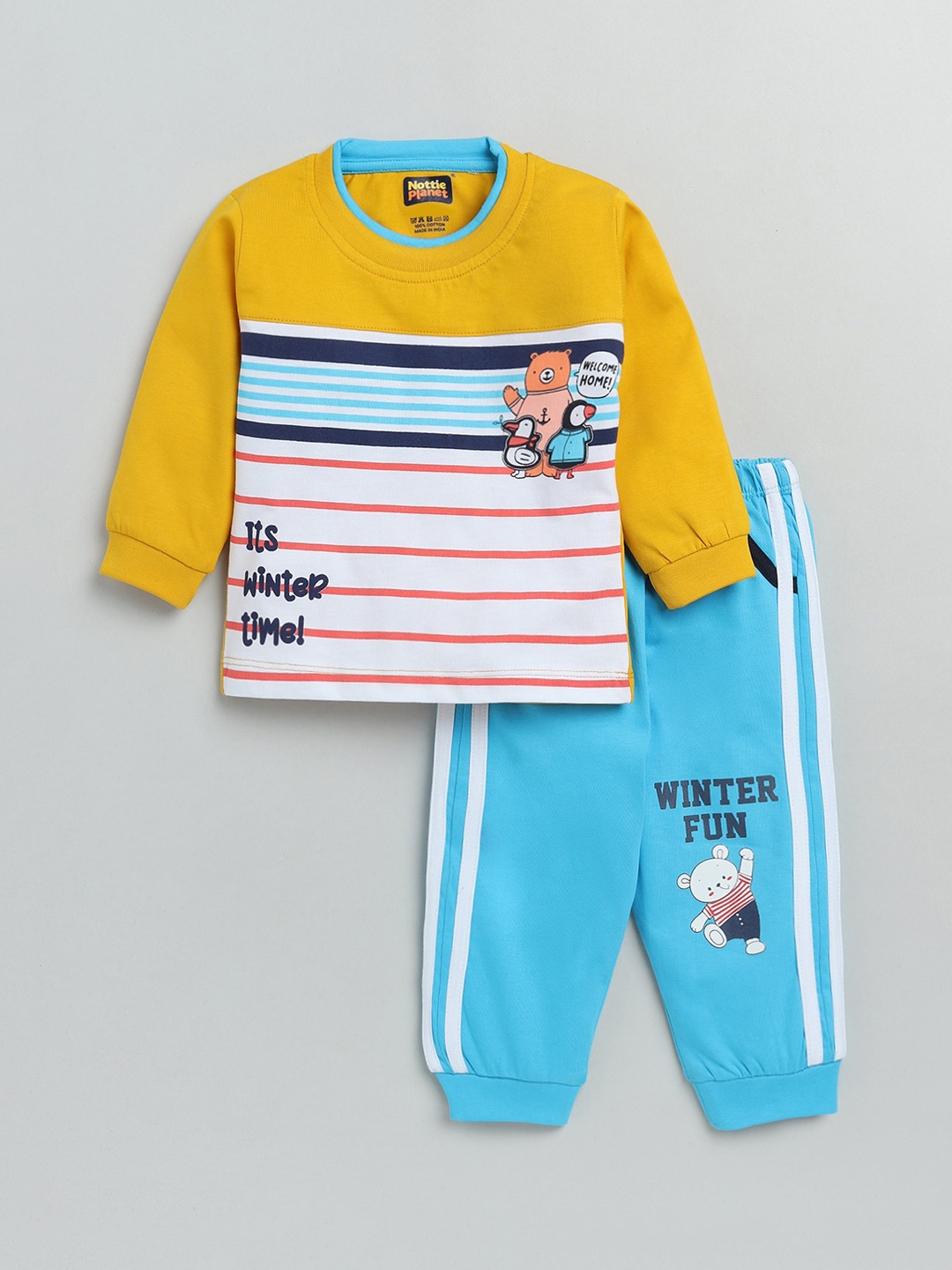 

Nottie Planet Boys Yellow & Blue Striped Pure Cotton T-shirt with Pyjamas