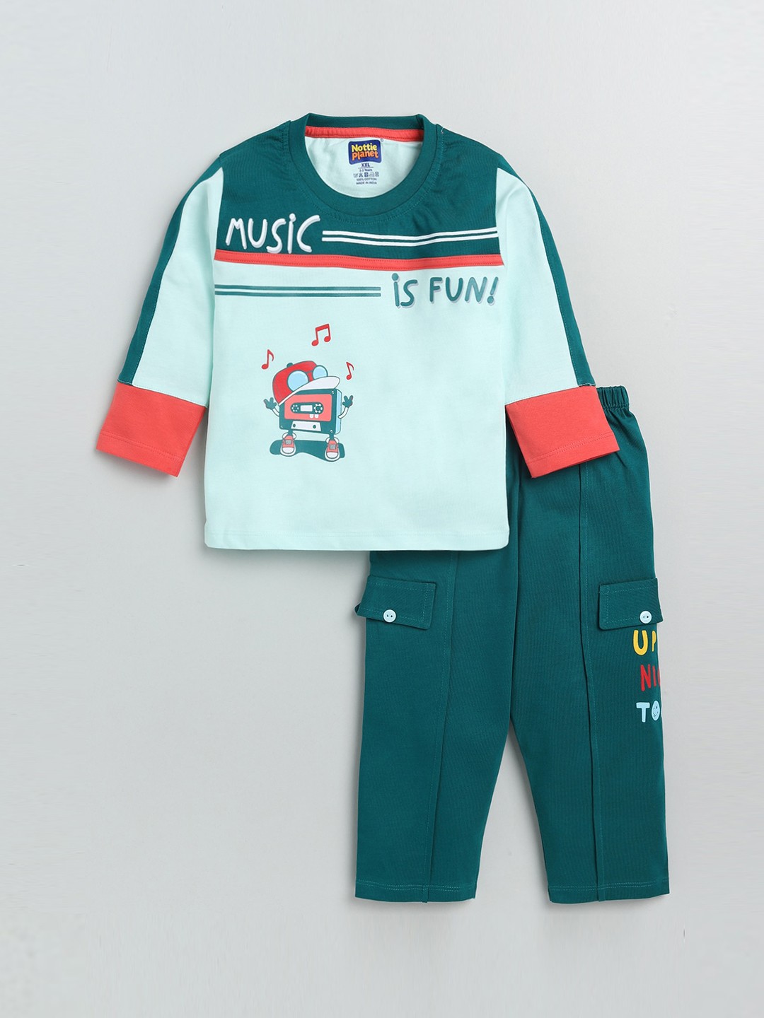 

Nottie Planet Boys Green Pure Cotton Printed T-shirt with Trousers