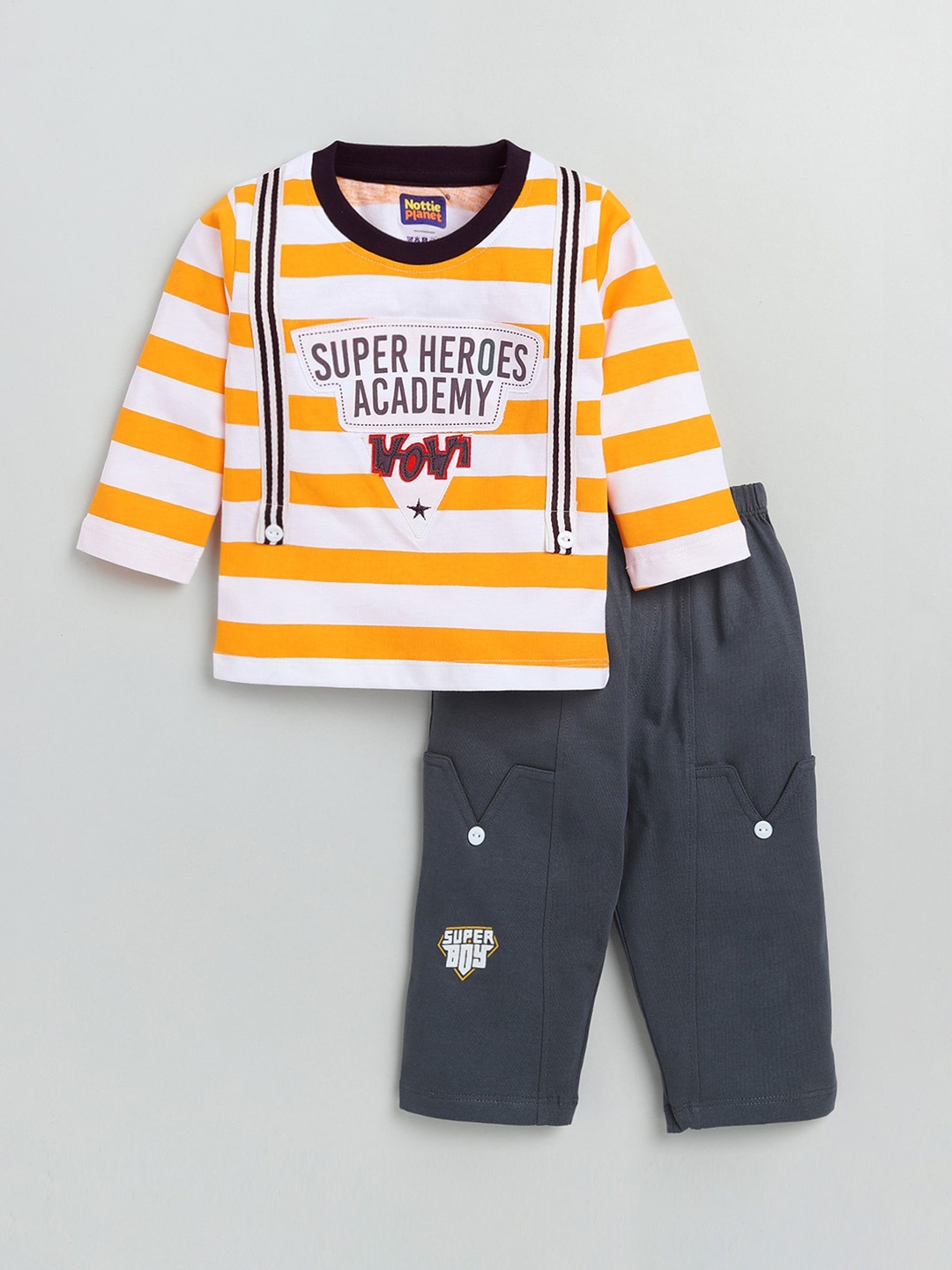

Nottie Planet Boys Yellow & Grey Pure Cotton Striped T-shirt with Pyjamas