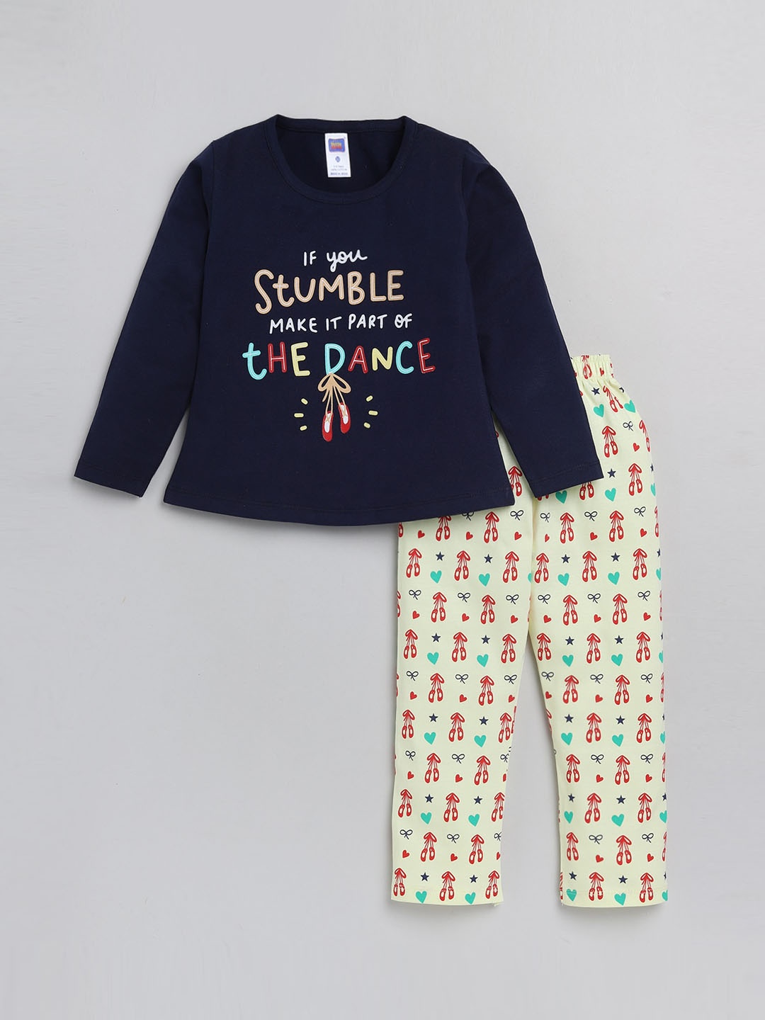 

Nottie Planet Girls Navy Blue & Yellow Pure Cotton Printed Top with Trousers