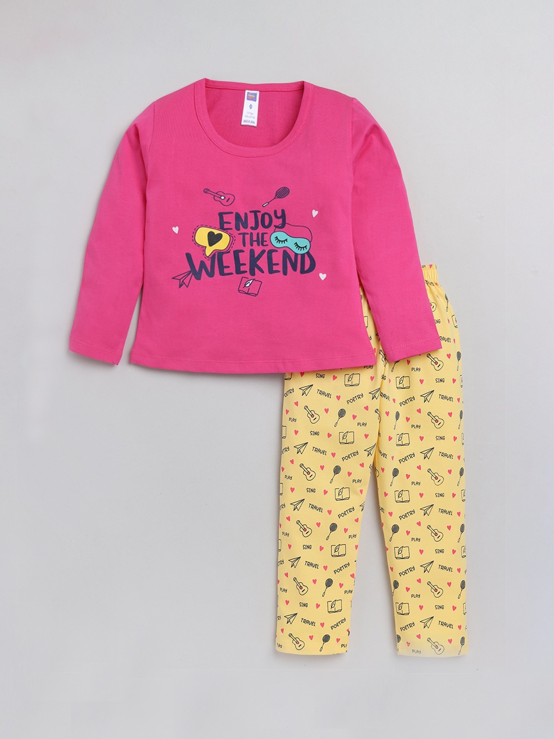 

Nottie Planet Girls Fuchsia & Yellow Pure Cotton Printed T-shirt with Pyjamas