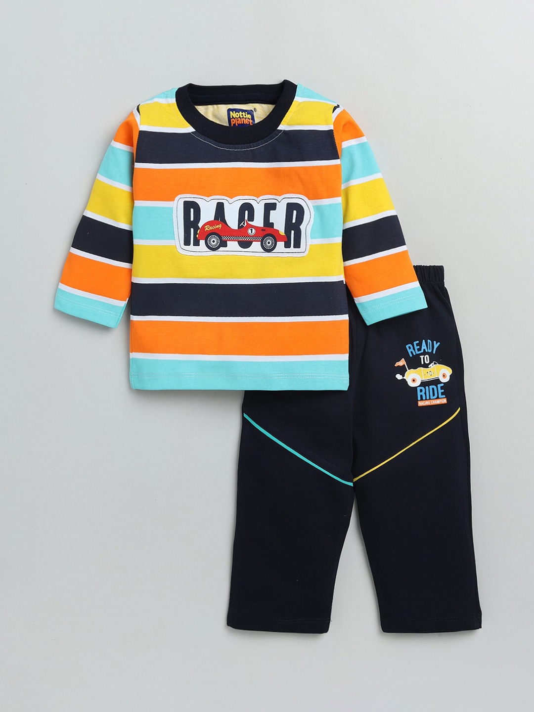 

Nottie Planet Boys Orange & Navy Blue Pure Cotton Striped T-shirt with Pyjamas