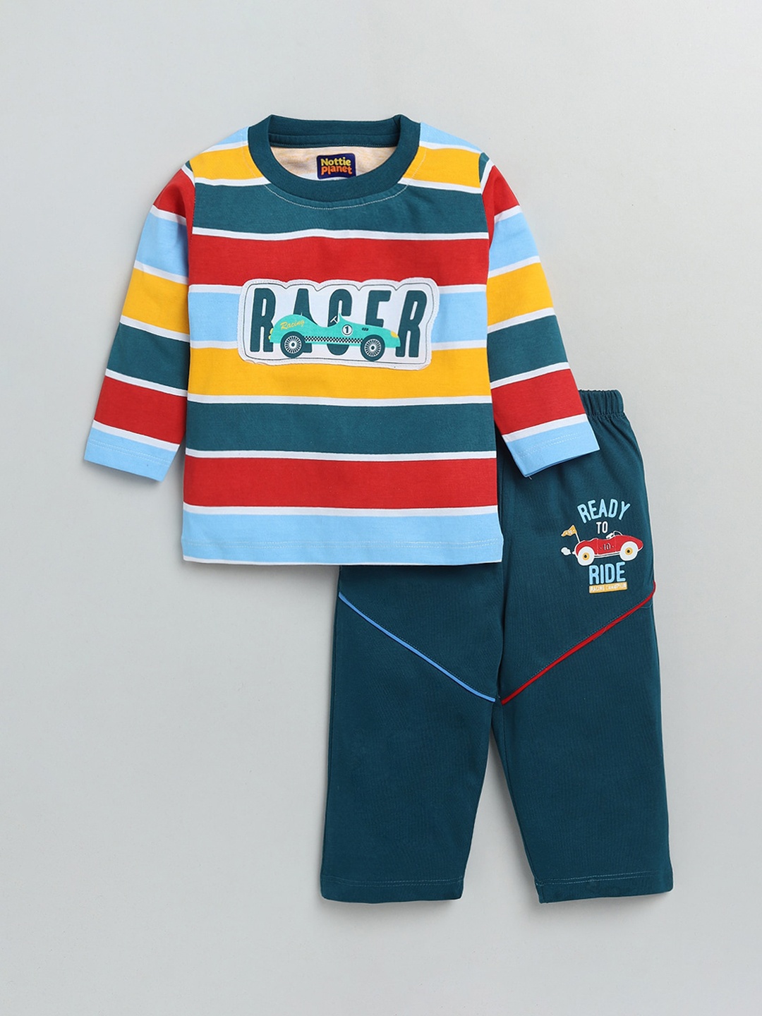 

Nottie Planet Boys Blue & Red Striped Cotton T-shirt with Pyjamas