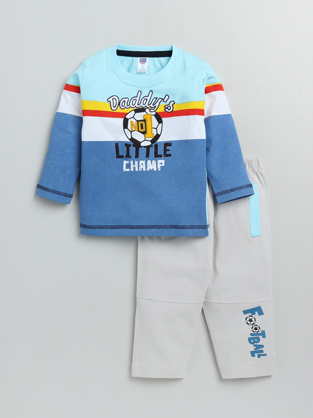 

Nottie Planet Boys Blue & Grey Melange Printed Cotton T-shirt with Pyjamas