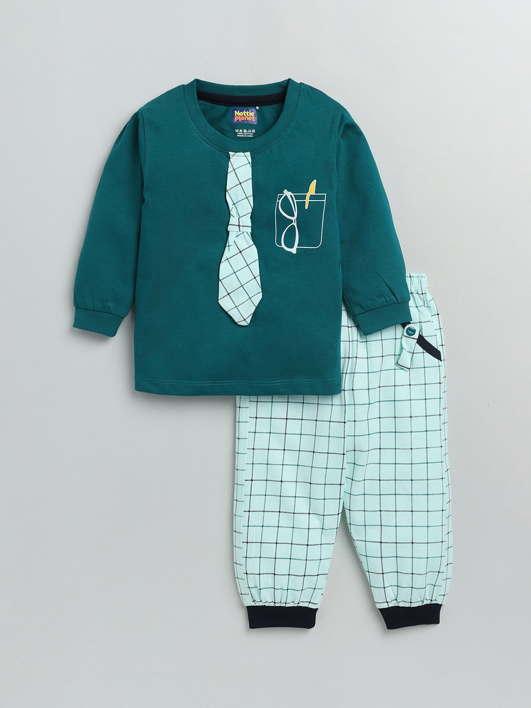 

Nottie Planet Boys Teal & Blue Printed Cotton T-shirt with Trousers