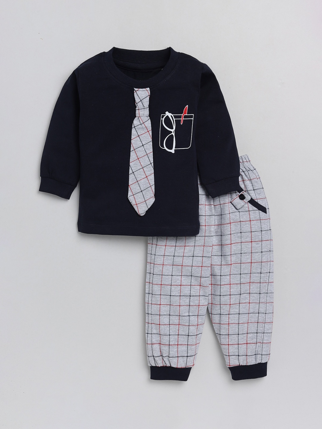 

Nottie Planet Boys Navy Blue & Grey Melange Printed Cotton T-shirt with Trousers