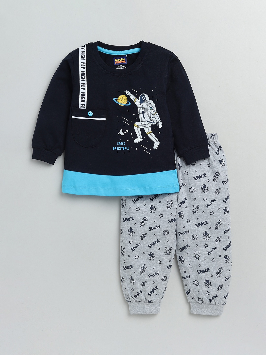 

Nottie Planet Boys Blue & Grey Printed Cotton T-shirt with Pyjamas