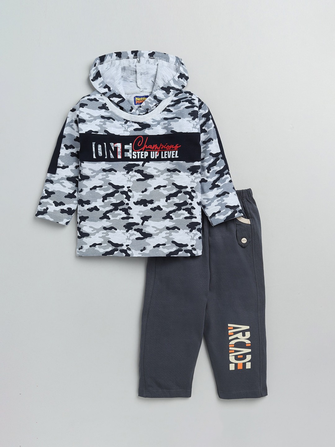 

Nottie Planet Boys White & Grey Printed Cotton T-shirt with Pyjamas