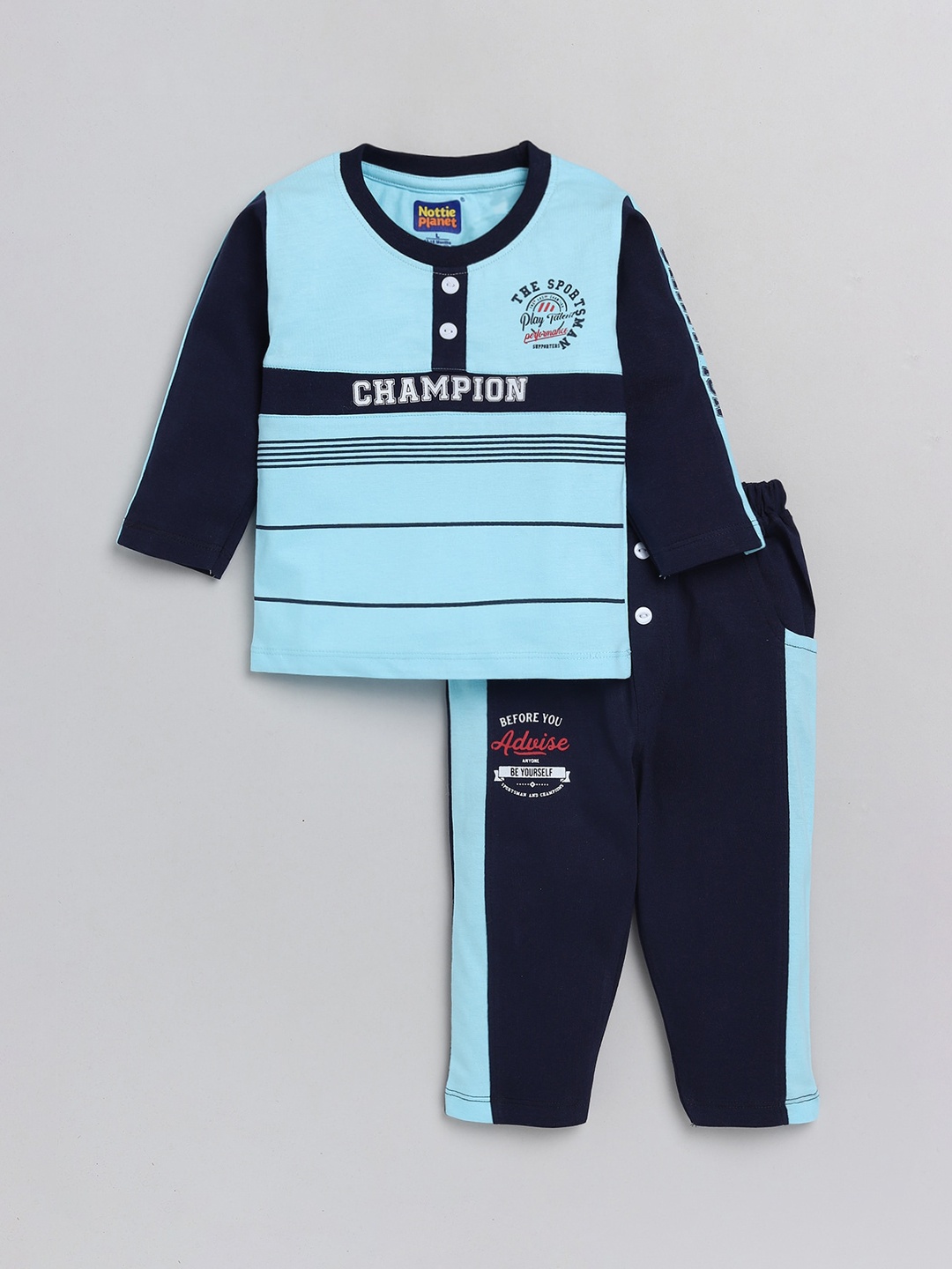 

Nottie Planet Boys Blue & Navy Blue Printed Cotton T-shirt with Pyjamas
