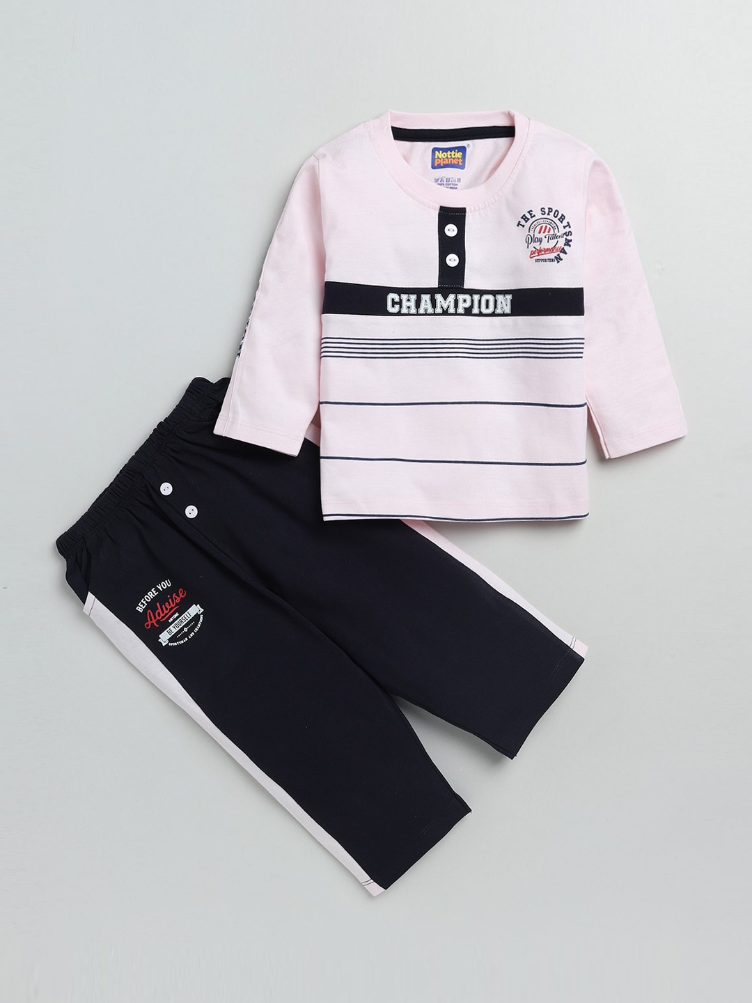 

Nottie Planet Boys Pink & Black Striped Cotton T-shirt with Pyjamas
