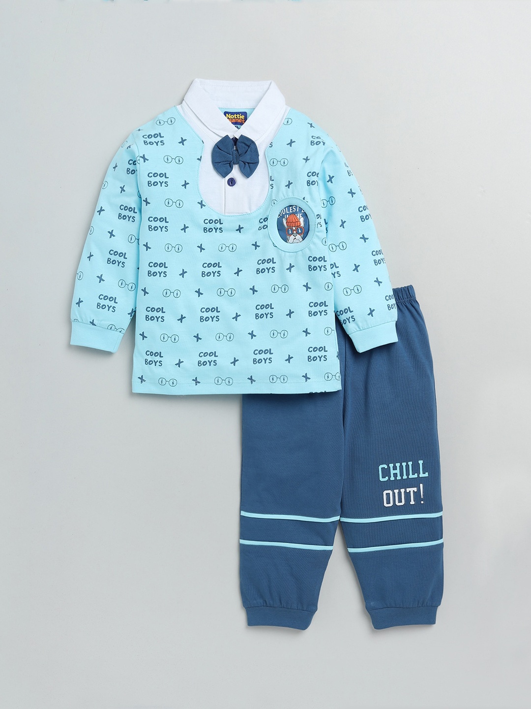 

Nottie Planet Boys Blue & White Printed Cotton T-shirt with Pyjamas