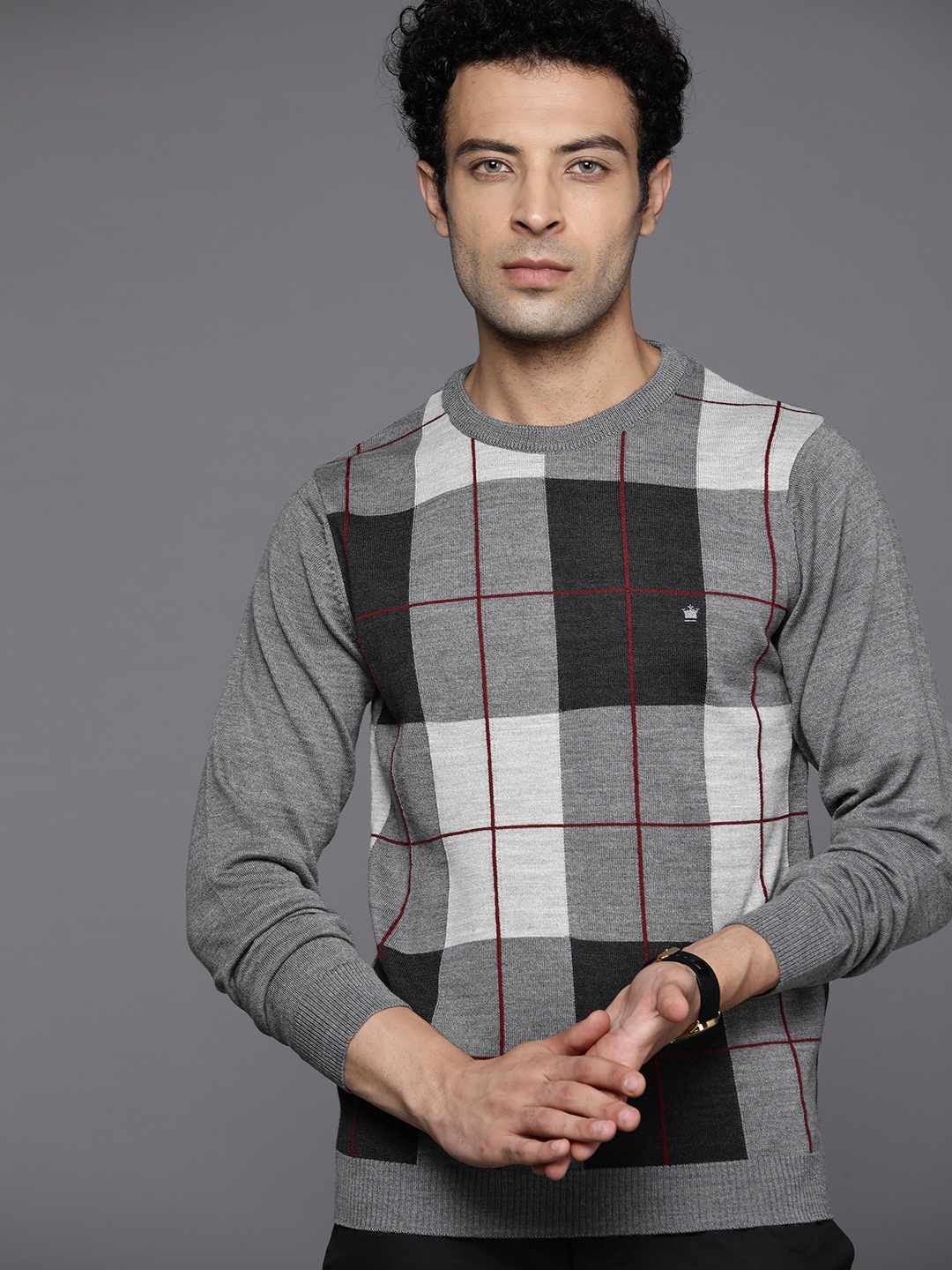 

Louis Philippe Men Grey & Maroon Checked Pullover