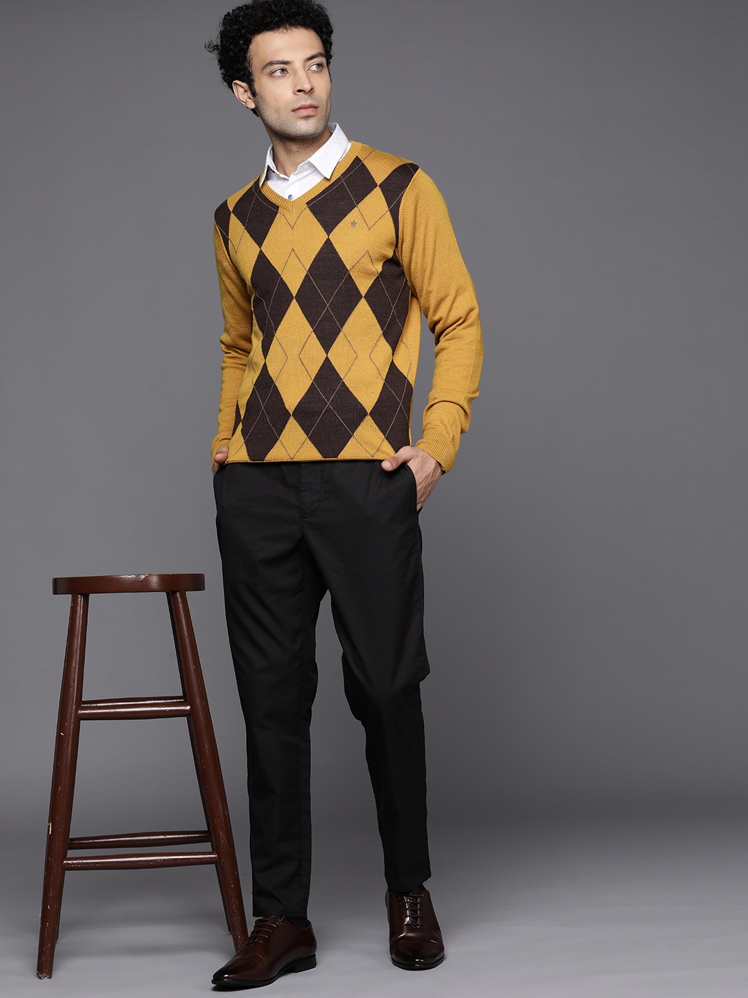 

Louis Philippe Men Mustard Yellow & Coffee Brown Argyle Pullover