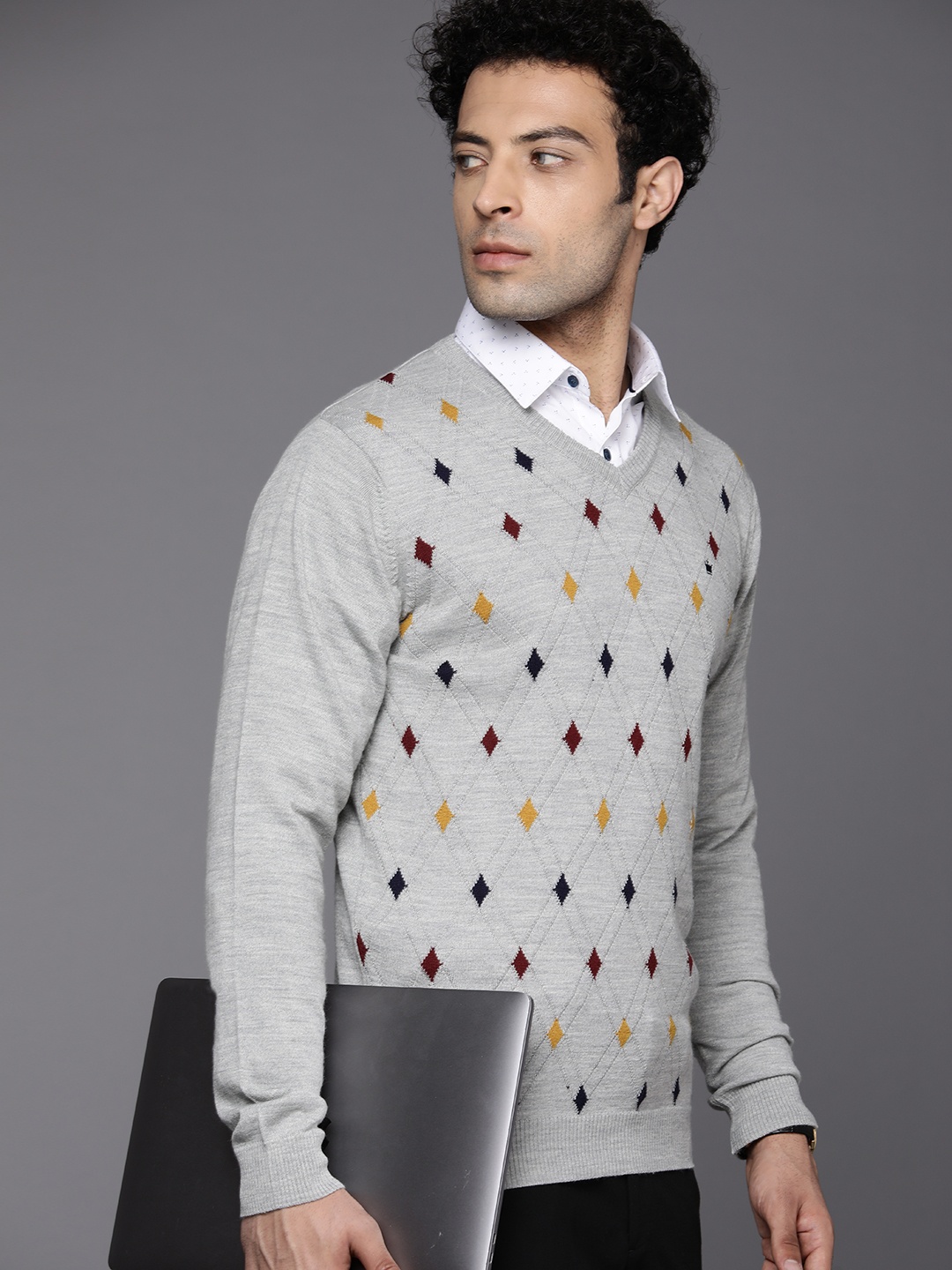 

Louis Philippe Men Grey Melange & Navy Blue Geometric Design Pullover
