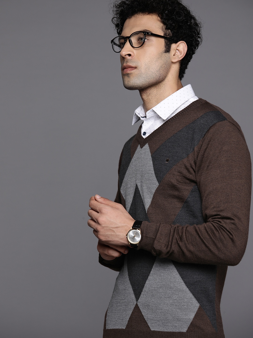 

Louis Philippe Men Brown & Grey Self-Design Pullover