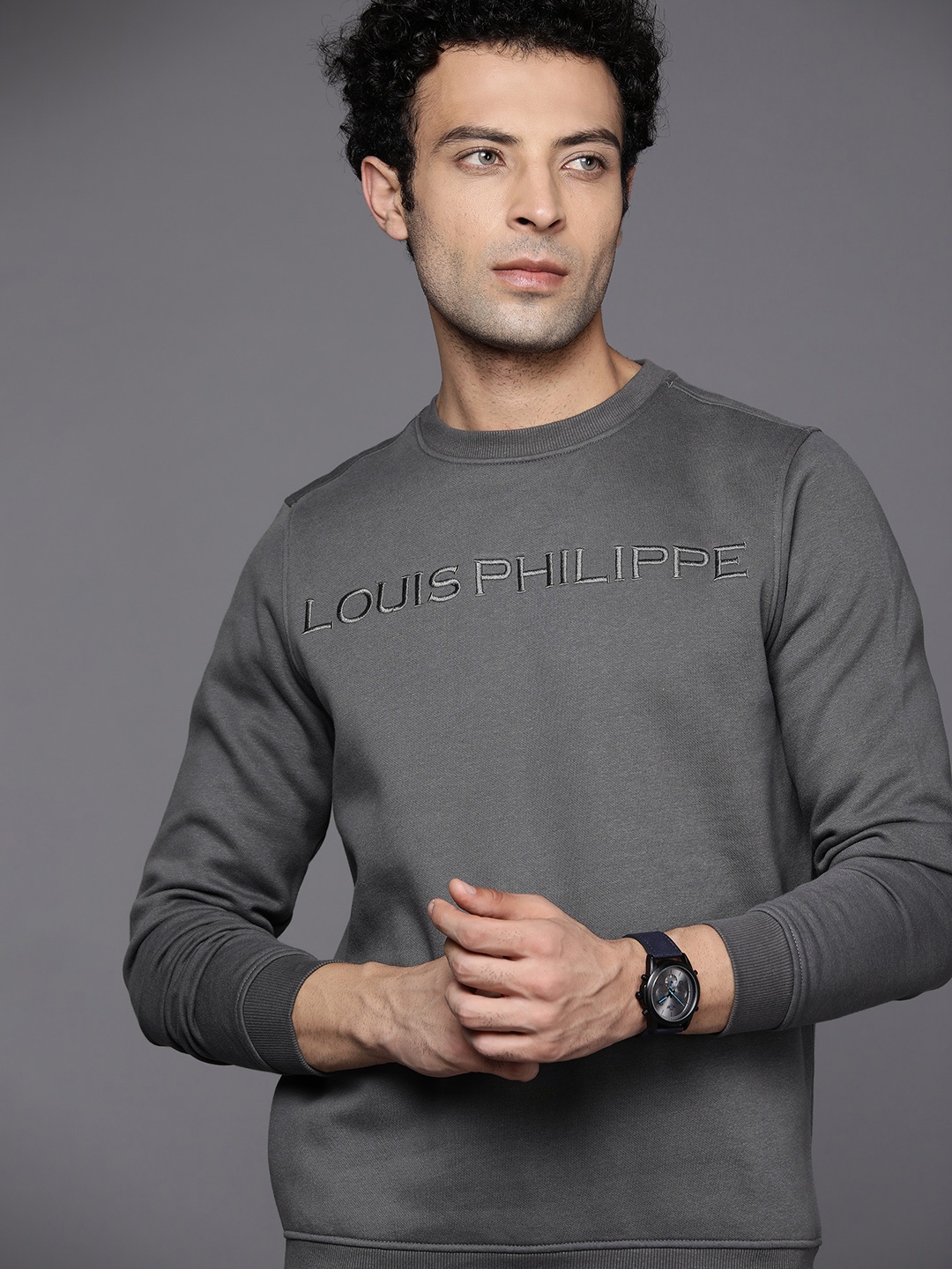 

Louis Philippe Men Charcoal Grey Brand Logo Embroidered Sweatshirt