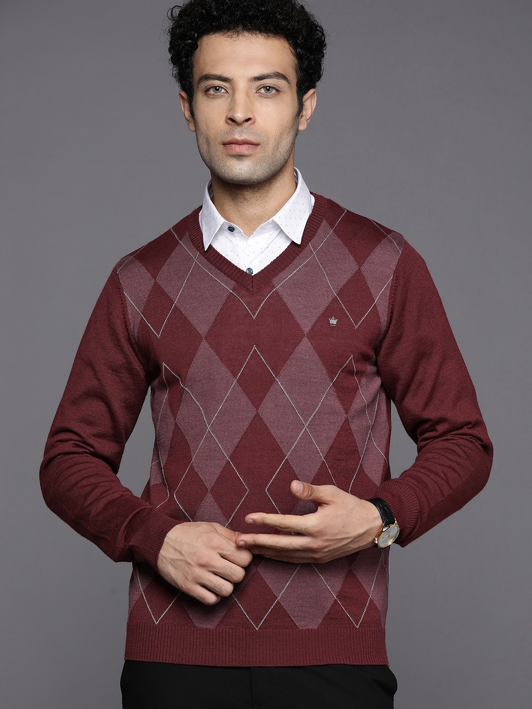 

Louis Philippe Men Maroon & Mauve Argyle Pullover
