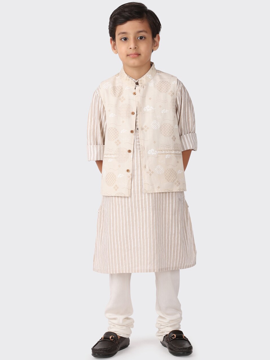 

Fabindia Boys Off White Striped Pure Cotton Kurta with Churidar