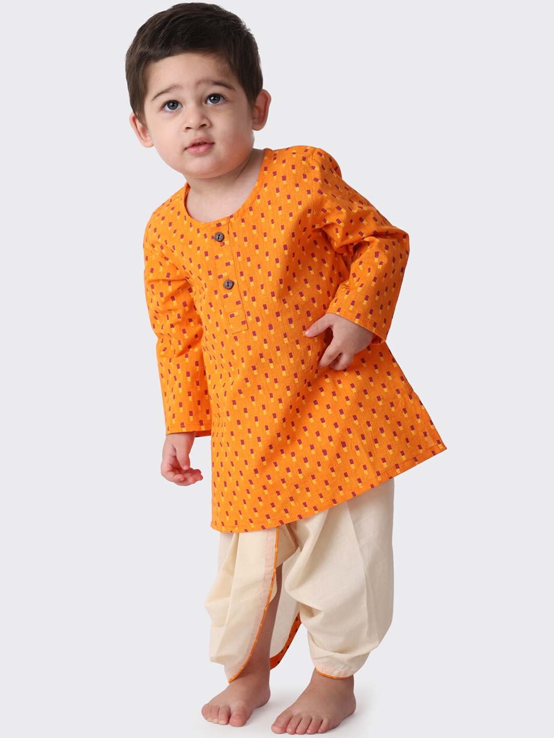 

Fabindia Boys Orange Floral Printed Pure Cotton Kurta with Dhoti Pants