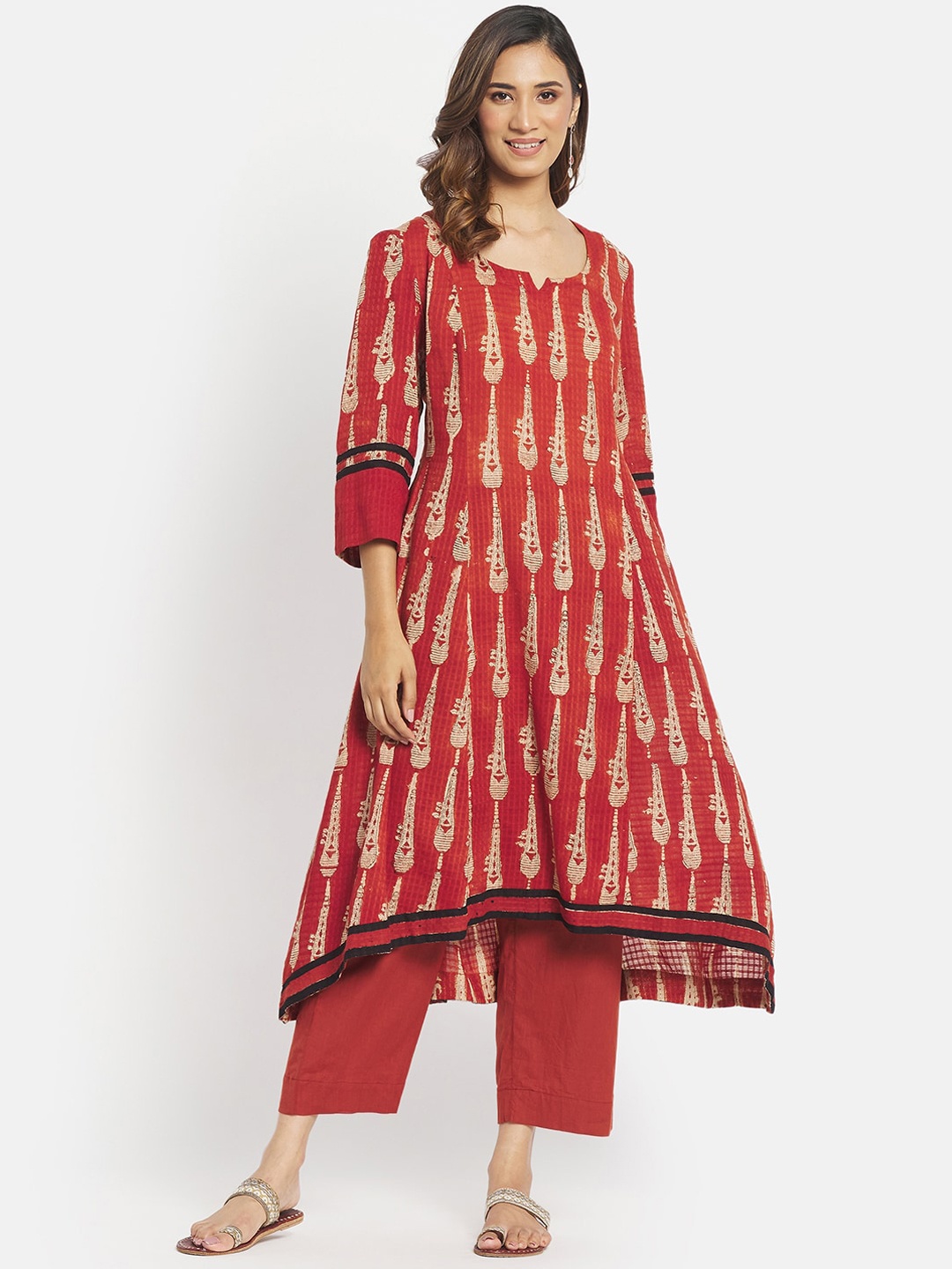 

Fabindia Women Red Ethnic Motifs Printed Pure Cotton Top with Trousers