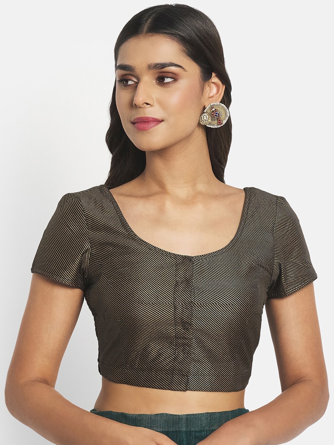 

Fabindia Women Black Striped Cotton Silk Saree Blouse