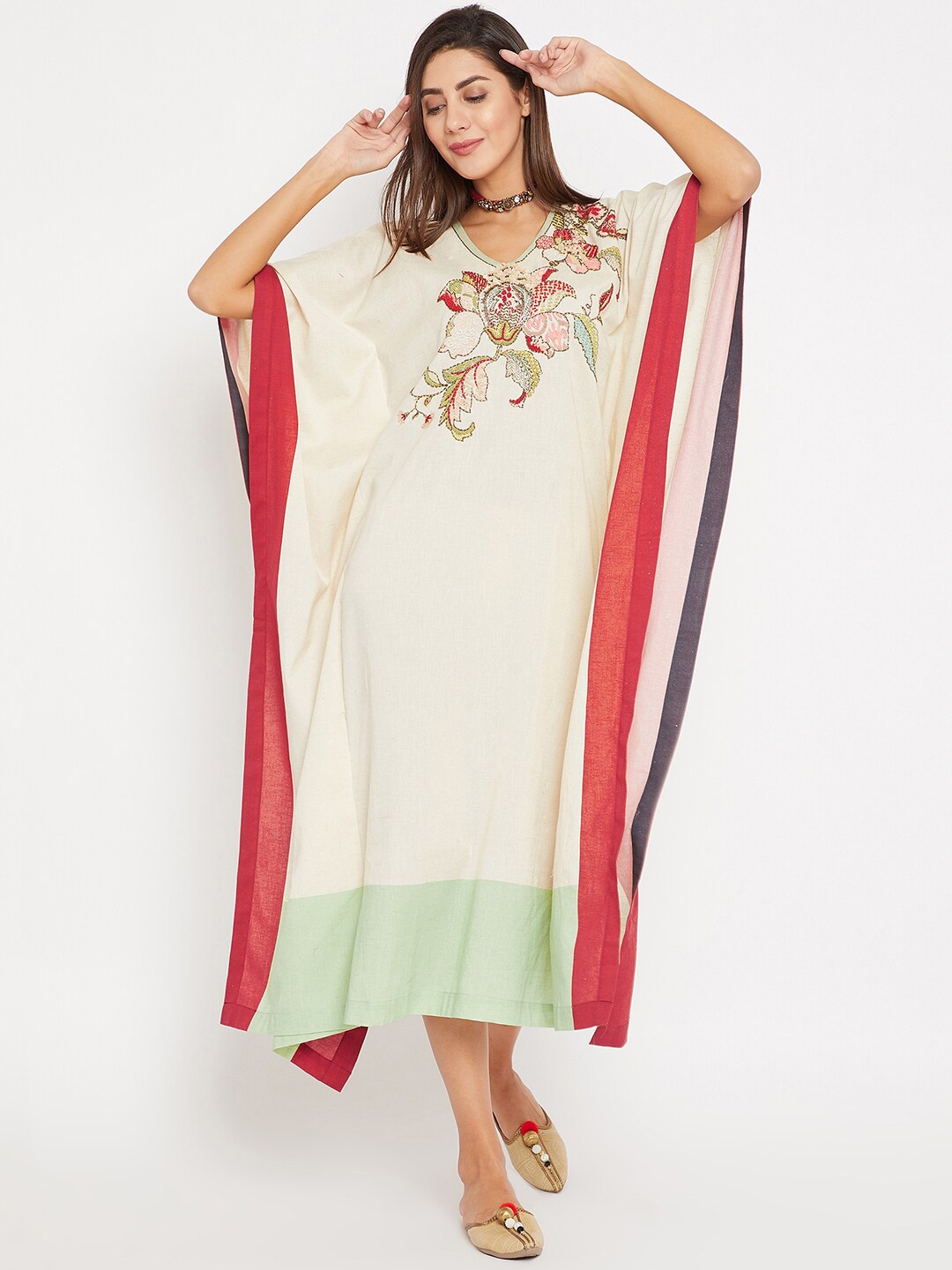 

The Kaftan Company Off White Embroidered Kaftan Midi Dress