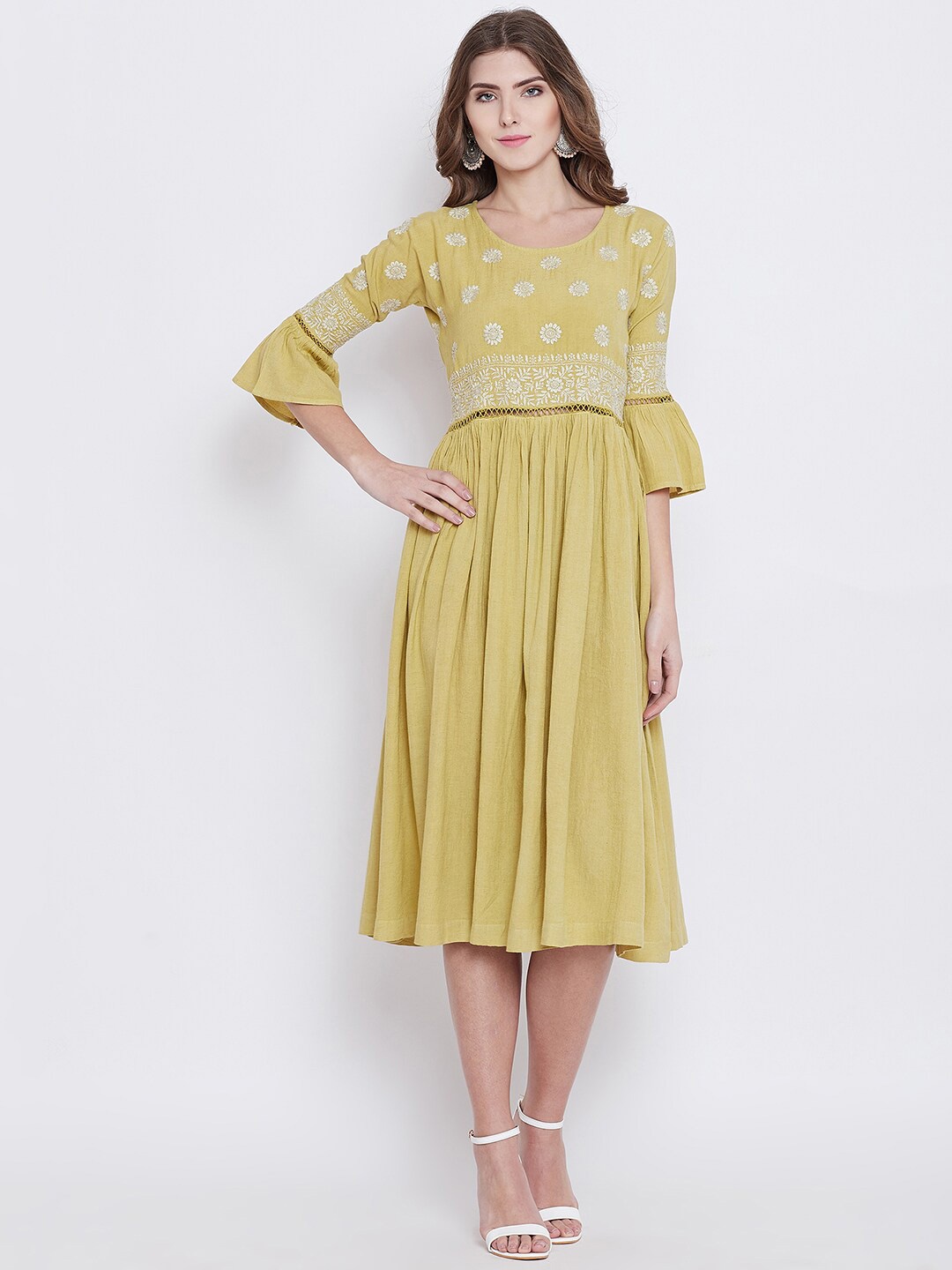 

The Kaftan Company Yellow Floral Embroidered Midi Dress