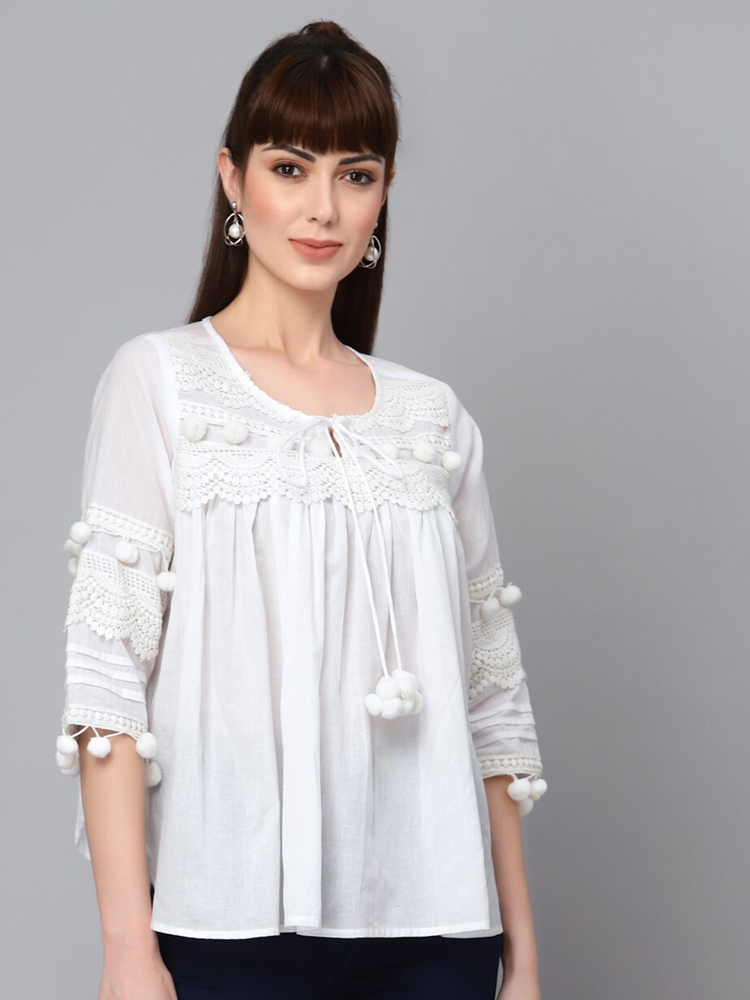 

Ragavi Women White Self-Design Tie-Up Neck Top